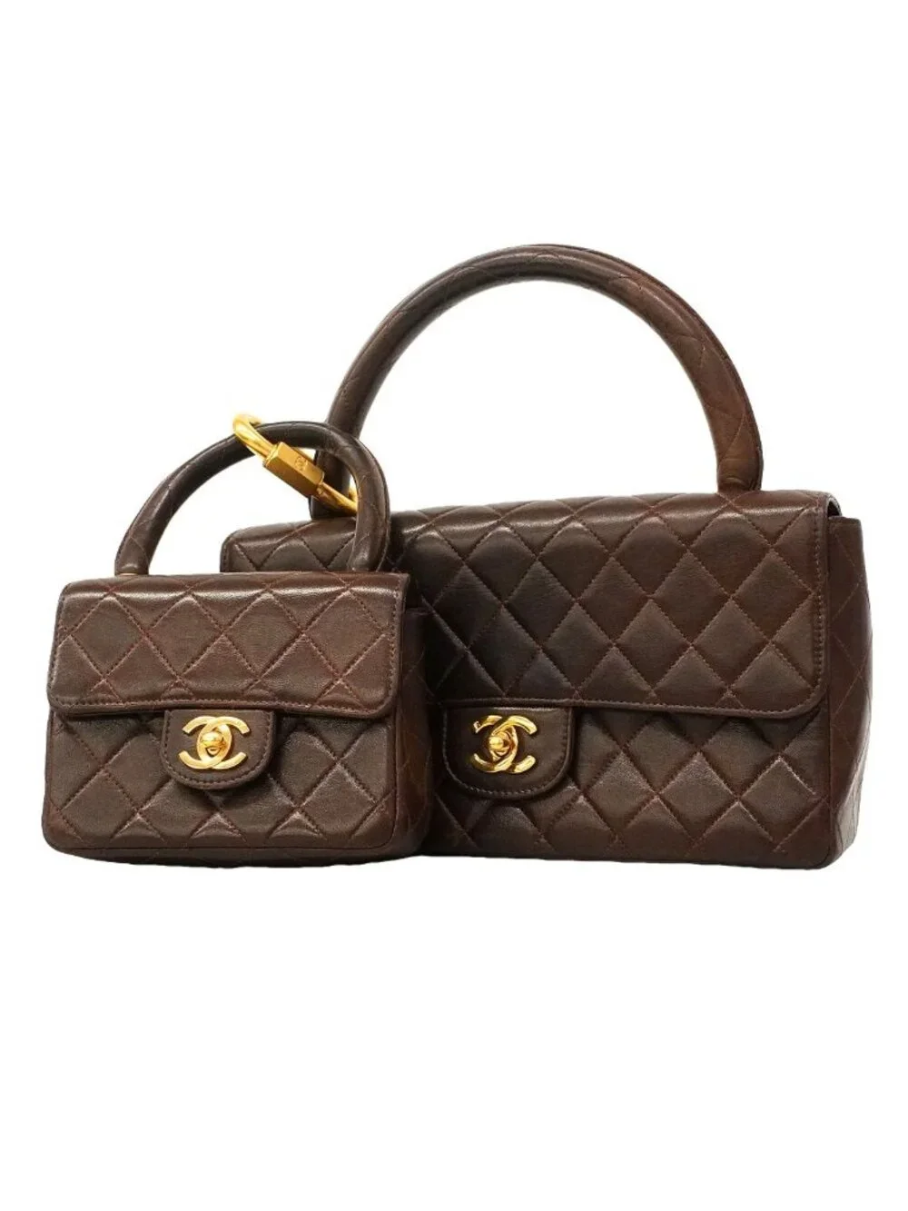 Chanel Handbag Quilted Parent Child Bag Lambskin Brown Gold